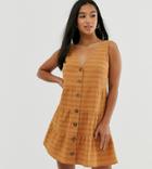 Asos Design Petite Sleeveless Button Through Tiered Smock Mini Dress-brown