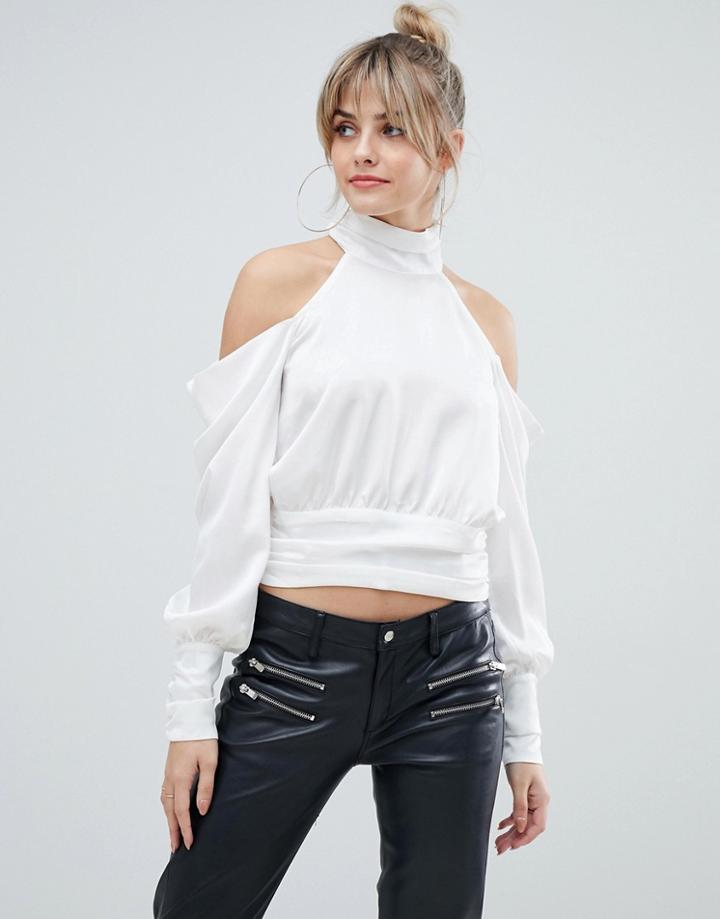 Asos Design High Neck Satin Top With Cold Shoulder - White