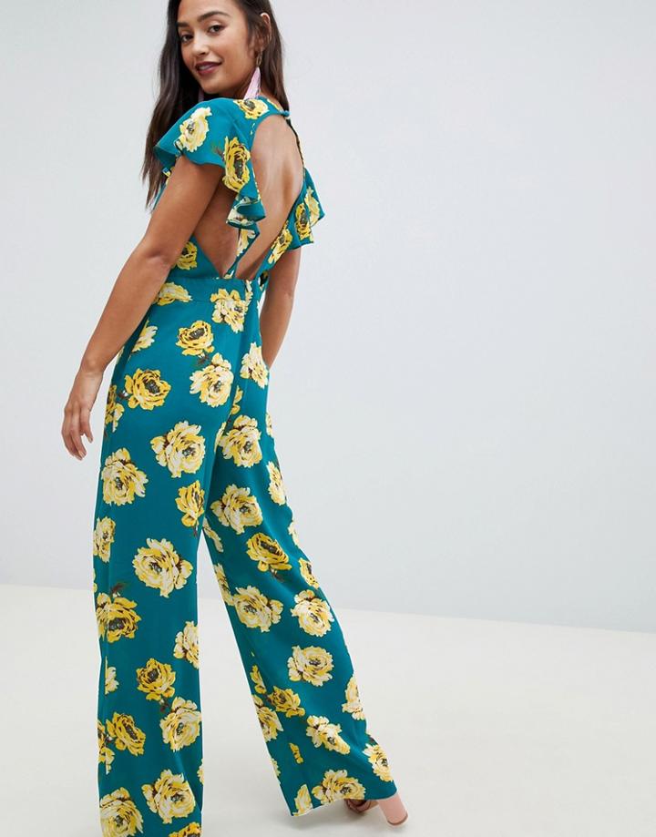 Asos Design Jumpsuit With Flutter Open Back In Floral Bloom Print - Multi
