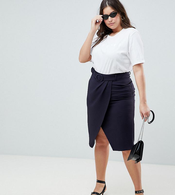 Asos Design Curve Wrap Front Midaxi Skirt With Self Belt - Navy