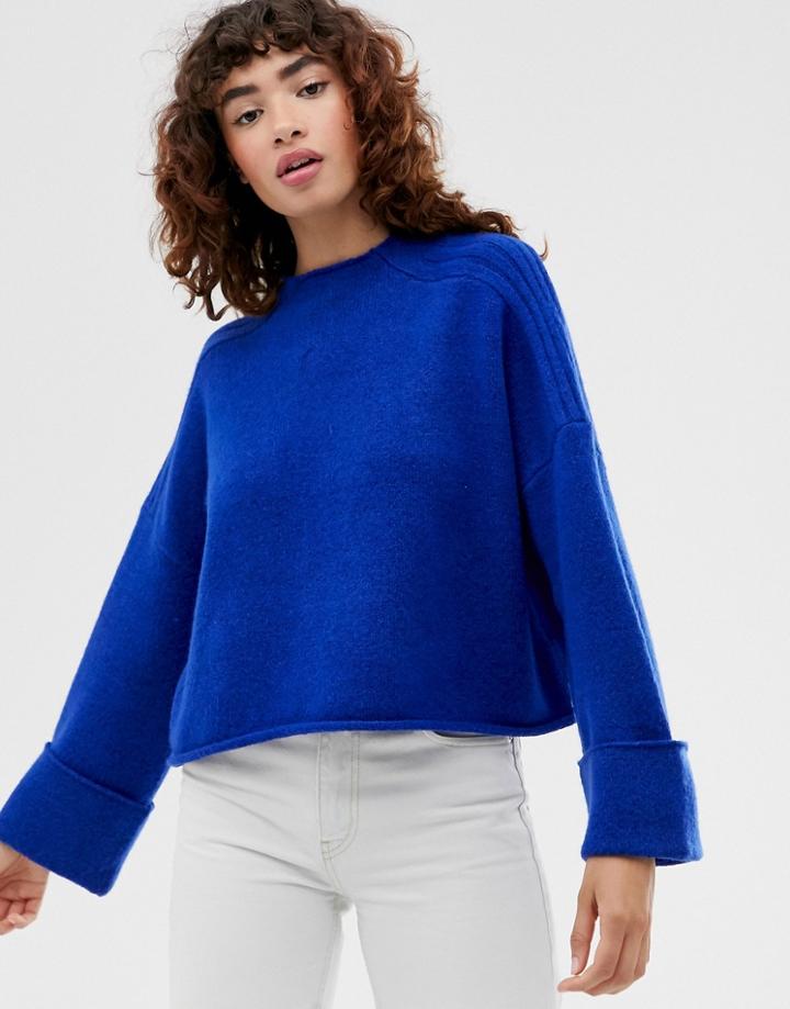 Asos Design High Neck Oversized Sweater With Turn Back Cuff In Recycled Blend - Blue