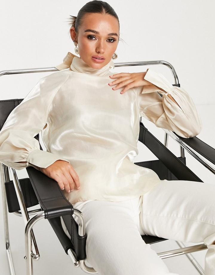 Pretty Lavish High Neck Organza Blouse In Champagne Metallic-white