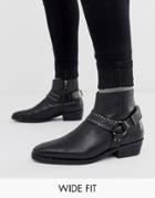 Asos Design Wide Fit Stacked Heel Western Chelsea Boots In Black Leather With Studding And Hardware Detail