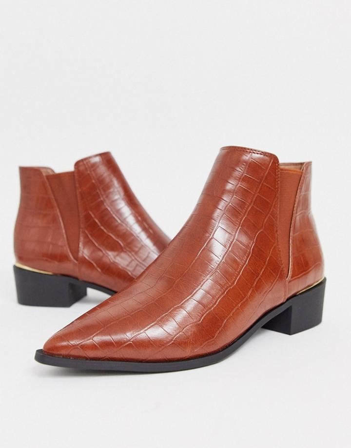 London Rebel Western Ankle Boots In Tan Croc-brown