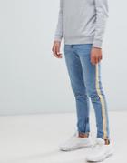 Boohooman Skinny Fit Jeans With Side Stripe In Light Wash Blue - Blue