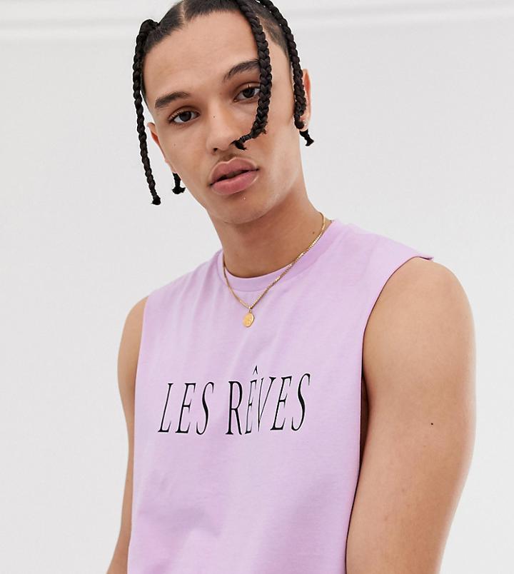 Asos Design Tall Sleeveless T-shirt With Dropped Armhole And Text Print-purple