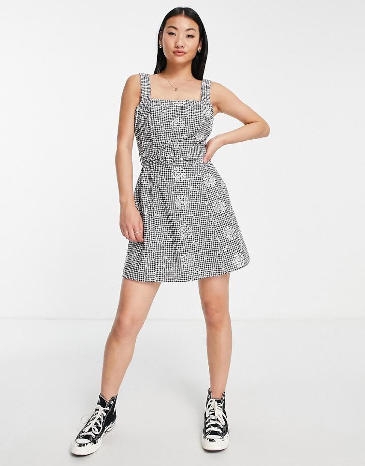 Miss Selfridge Belted Mini Dress In Embroidered Mono Gingham-black