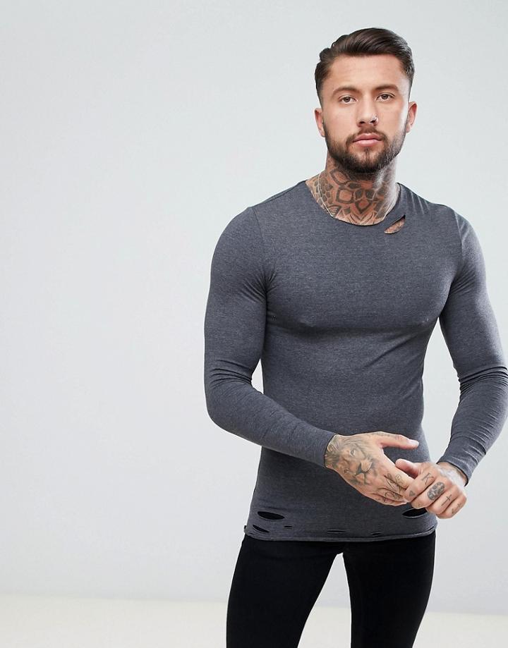 Asos Longline Muscle Long Sleeve T-shirt With Distress Detail - Gray