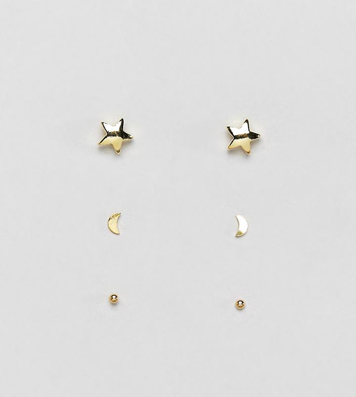Kingsley Ryan Sterling Silver Gold Plated Moon & Stars Stud Earrings Set - Silver