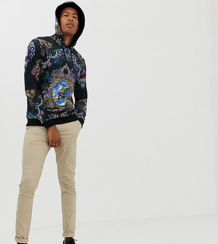 Asos Design Tall Hoodie In Velour With Baroque Print - Multi