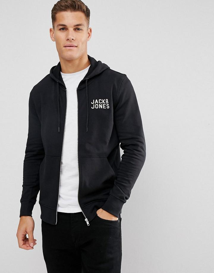 Jack And Jones Chest Logo Zip Though Hoodie - Black