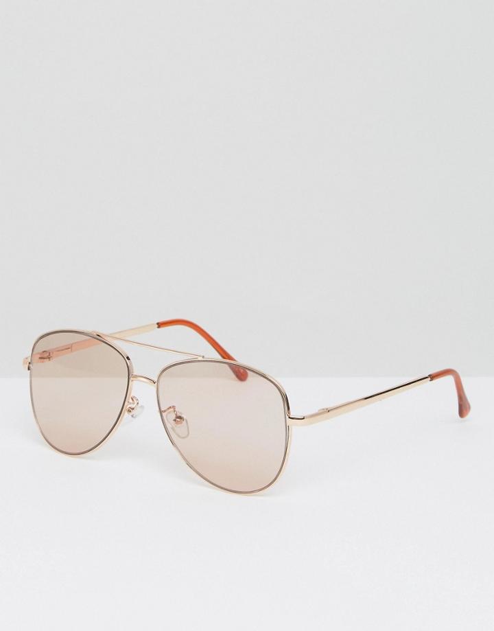 Asos Aviator Sunglasses In Light Rose Gold Lens - Gold