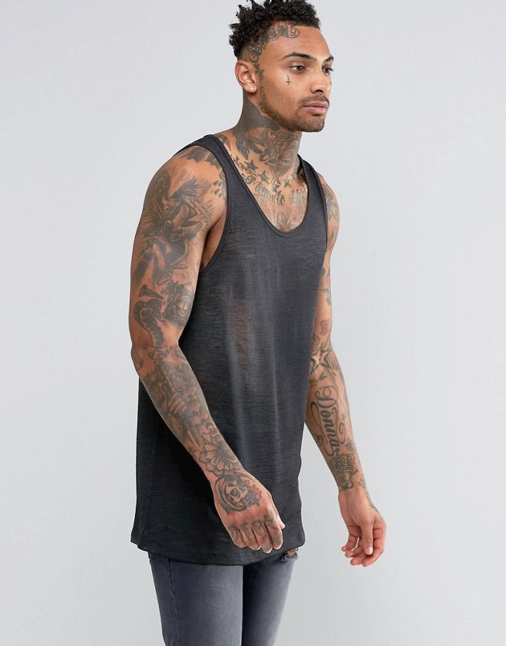 Asos Relaxed Sheer Slub Longline Tank In Black - Black