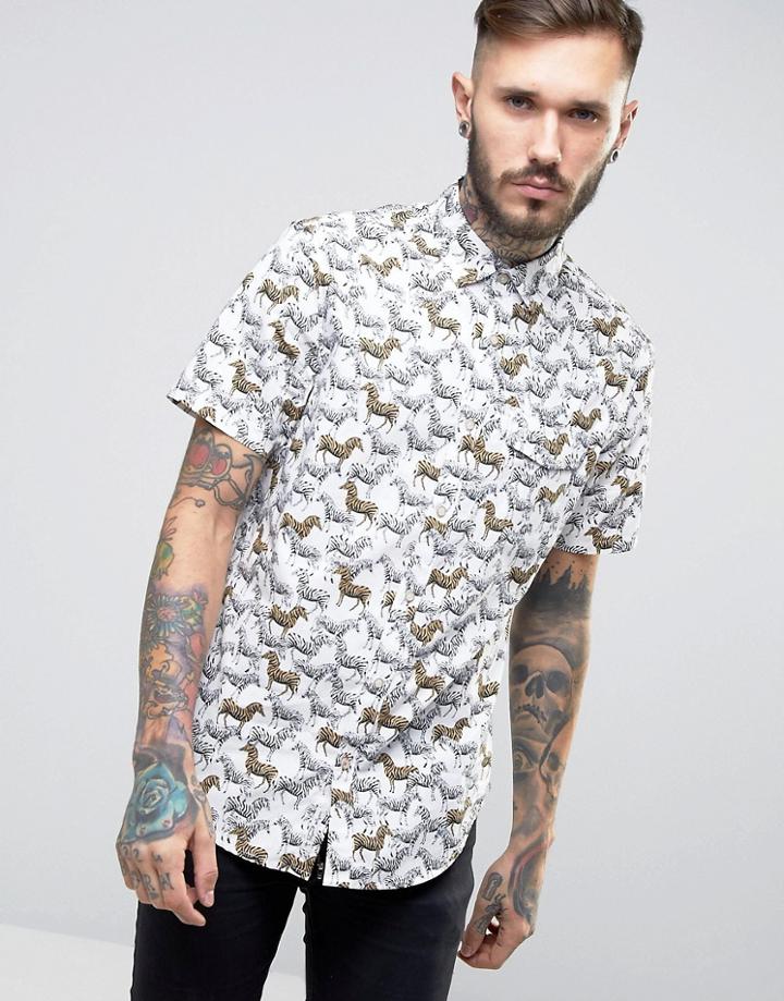 Original Penguin Zebra Print Shirt Short Sleeve Slim Fit In White - White