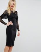 Asos Midi Lace Pencil Dress With Long Sleeves And Frill Detail - Black