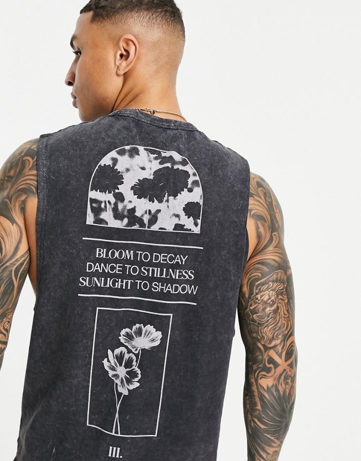 Asos Design Relaxed Tank In Washed Black With Back Text Print