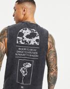 Asos Design Relaxed Tank In Washed Black With Back Text Print