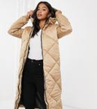 Brave Soul Petite Jaz Satin Longline Puffer Jacket-brown