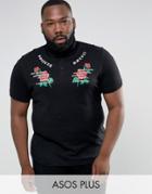 Asos Plus Polo With Floral Embroidery & Text Print - Black