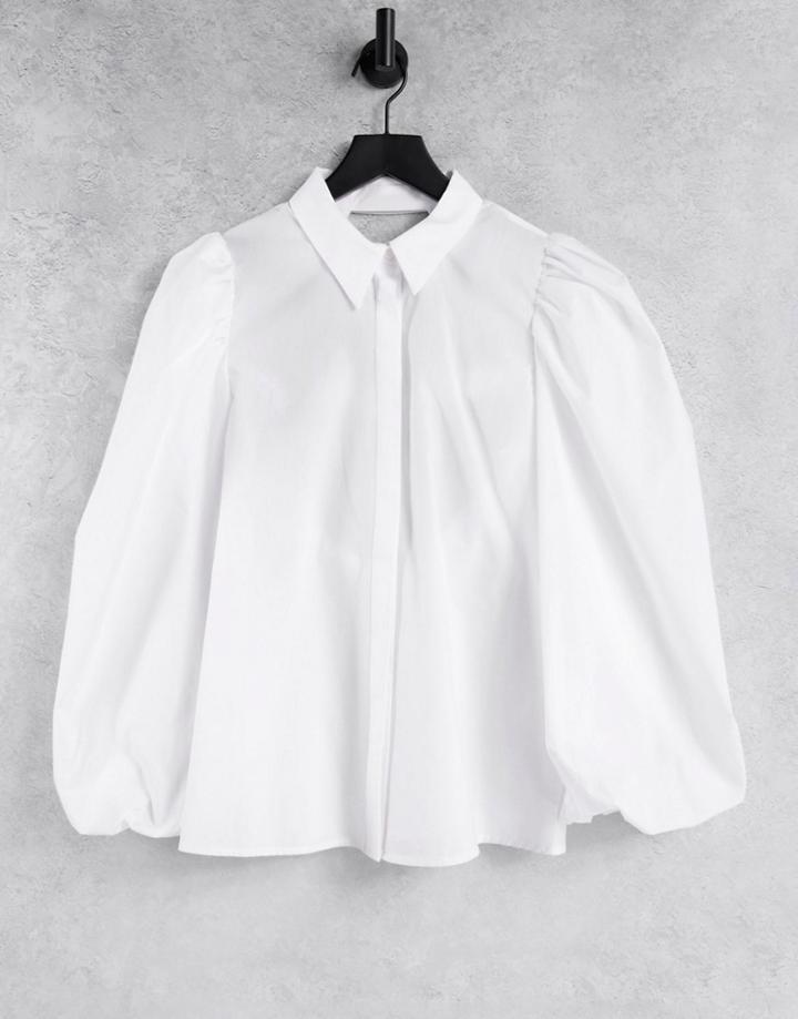 Asos Design Volume Sleeve Shirt With Open Elastic Back Detail In White