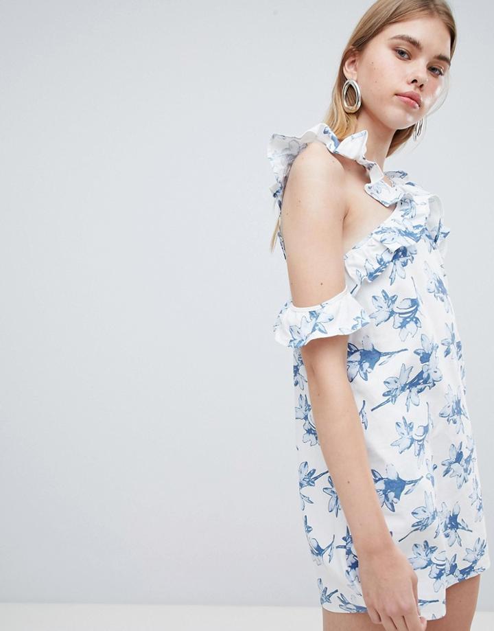 J.o.a Shift Dress With Cross Cold Shoulder Ruffle Detail In Light Floral-white