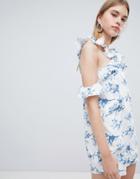 J.o.a Shift Dress With Cross Cold Shoulder Ruffle Detail In Light Floral-white