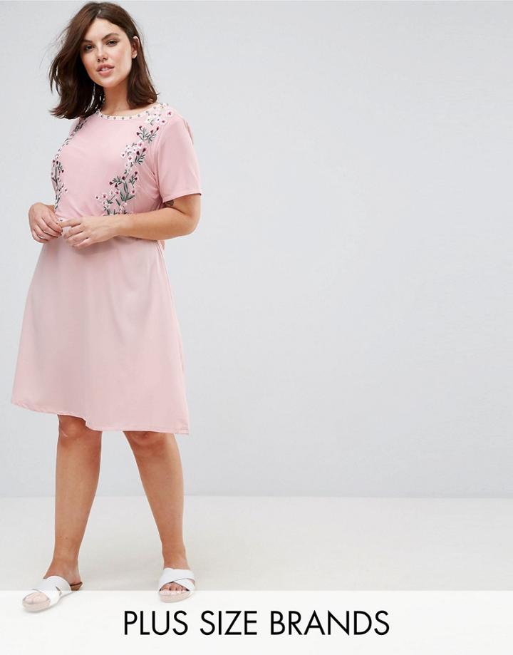 New Look Plus Studded Embroidered Dress - Pink