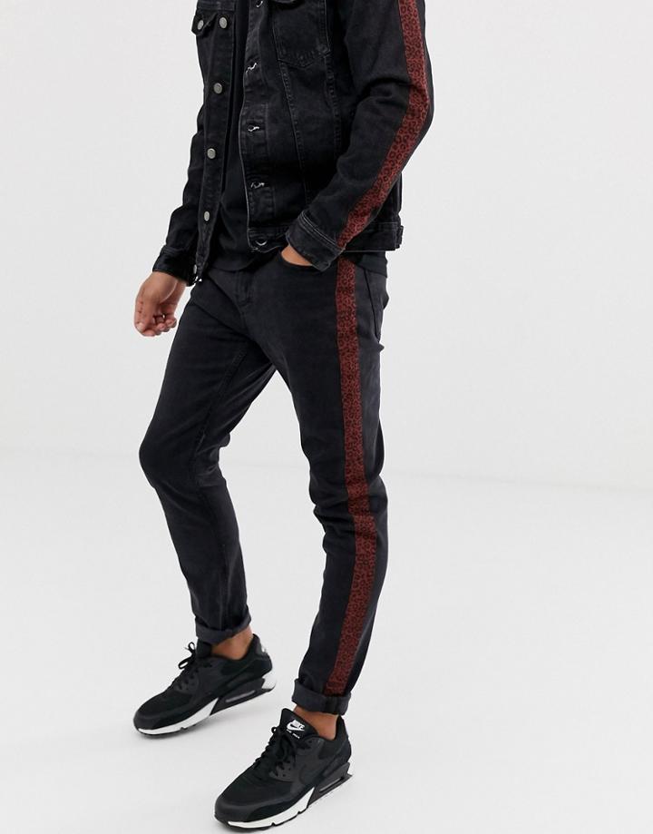 Pull & Bear Slim Fit Jeans With Leopard Print Side Stripe In Black - Black