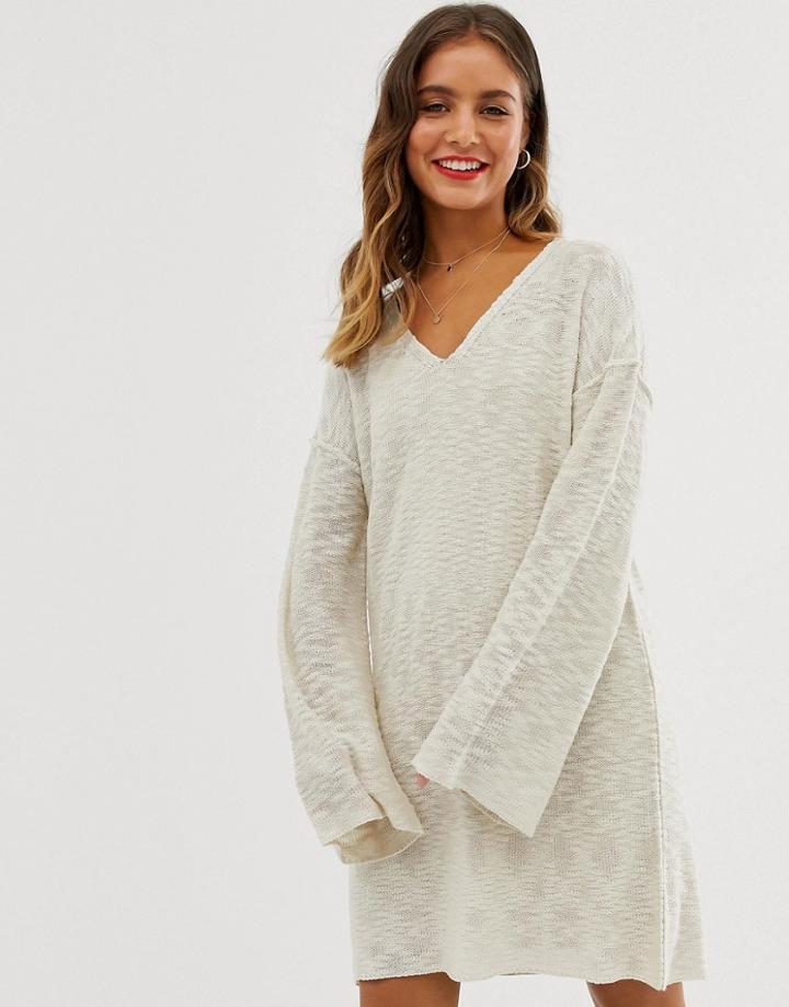 Asos Design V Neck Flare Sleeve Mini Dress In Natural Look Yarn - Stone