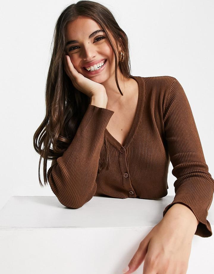Pull & Bear Cropped Button Front Cardigan In Brown