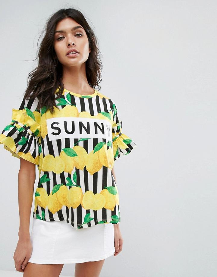 Mango Lemon And Stripe Frill Sleeve Top - Yellow