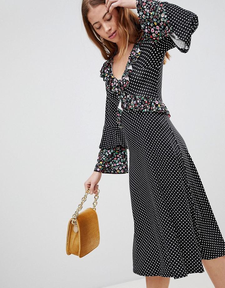 Asos Midi Mixed Print Ruffle Tea Dress-multi