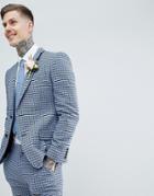 Asos Design Wedding Super Skinny Suit Jacket In Blue Wool Blend Mini Check - Blue