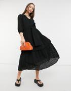 Selected Femme Cotton Midi Dress In Black Chevron Eyelet - Black
