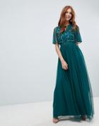 Amelia Rose Embellished Maxi Dress With Fluted Sleeve In Emerald Green - Green