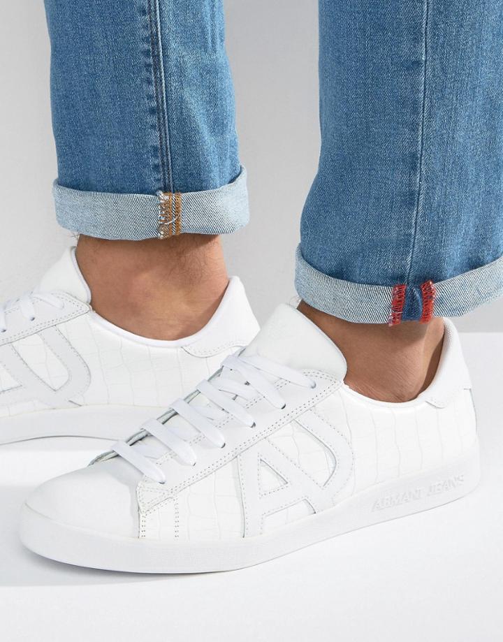 Armani Jeans Croc Embossed Logo Sneakers In White - White
