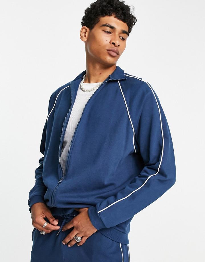 Asos Design Oversized Track Jacket With Piping In Navy - Part Of A Set-blues