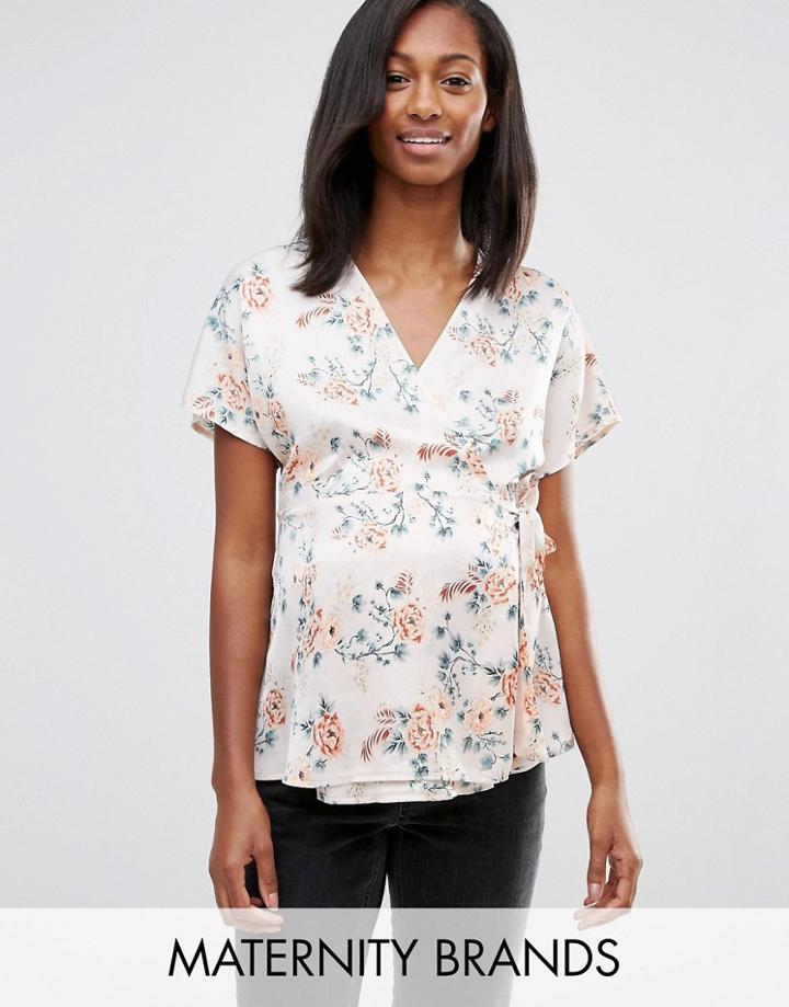 New Look Maternity Floral Side Tie Wrap Top - Gray