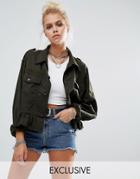 Milk It Vintage Cropped Military Jacket With Frill Hem - Green