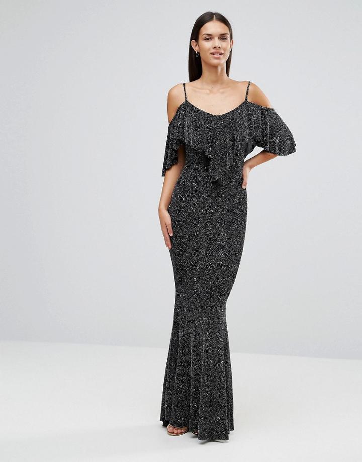 City Goddess Maxi Dress With Frill Overlay - Black