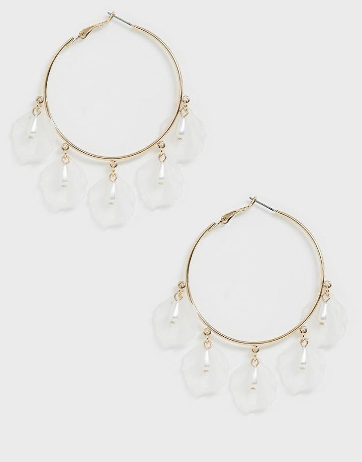 Asos Design Hoop Earrings With Resin Petals And Pearls In Gold Tone - Gold