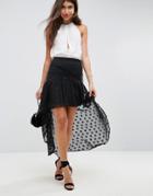 Asos High Low Hem Skirt With Spot Chiffon Detail - Black