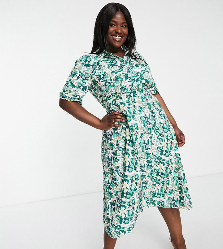 Ax Paris Plus Shirt Dress In Green Floral