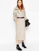 Asos Coat In Brushed Check With Leather Belt - Check