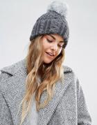 Helene Berman Cable Knit Beanie Hat With Faux Fur Pom Pom - Gray
