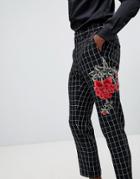 Asos Design Skinny Cropped Suit Pants In Black And White Check With Embroidery - Black