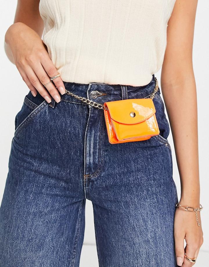 Truffle Collection Mini Patent Belt Bag With Chain In Neon Orange