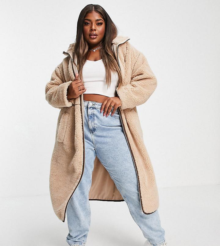 Asos Design Curve Fleece Coat With Contrast Stitching In Camel-white