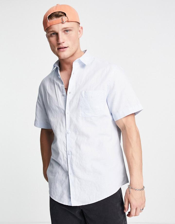 River Island Short Sleeve Linen Shirt In Blue-blues