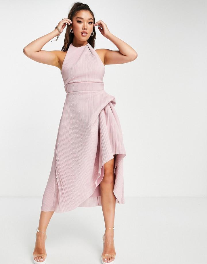 Asos Design High Neck Plisse Prom Midi Dress In Rose-pink